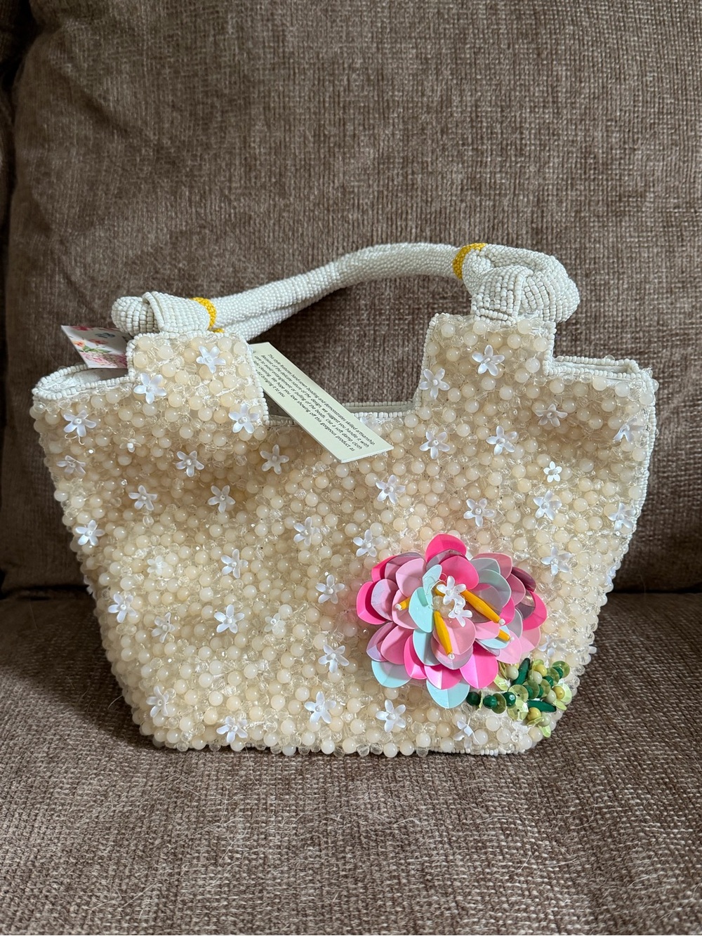 Cream Beaded Tote with Pink Multicolor Floral Applique - Picture 2 of 3
